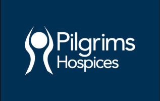 A logo that reads Pilgrims Hospices with a white graphic of a head and hands reaching upwards.
