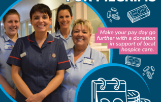 A graphic that reads: Payroll Giving for Pilgrims, featuring an image of four nurses wearing blue uniforms and illustrations of coins, monetary notes and a desk calendar.