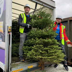 Two people wearing Hi Vis jackets, standing inside a van with a real Christmas tree.