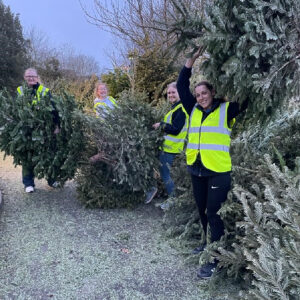A group of four people wearing Hi Vis jackets, posing with real Christmas trees.