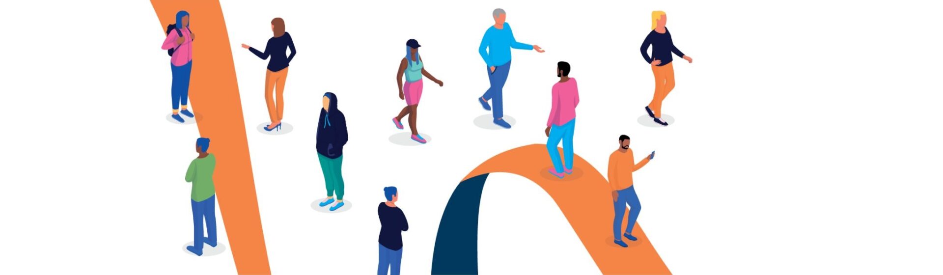 A diverse group of people standing and interacting on a stylised curved path, depicted in a colourful, modern illustration.